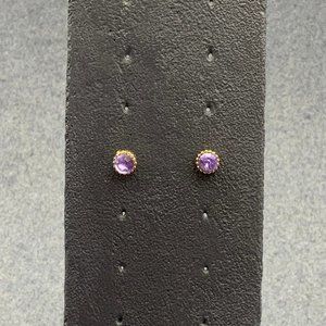 Purple Rhinestone Gold Earrings Pierced Fluted Round